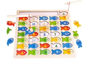 WOEAU Fishing Toys for Toddlers - Wooden Magnetic Fishing Game and Puzzle with Numbers, Letters, and Color Sorting - Fun and Interactive Fishing Toy Preschool Learning - Fine Motor Skill Development.