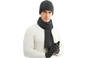 KRUIHAN Cappello Sciarpa e Guanti Set Guanti da Uomo Touch Screen Berretto Foderato in Pile Elasticizzato Cappello Sciarpa Inverno Termico 3 PZ Set Regalo per Uomo