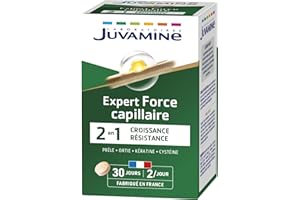 JUVAMINE - Force Capillaire - Favorise la Croissance et la Résistance des Cheveux - Kératine, Prêle, Ortie, Zinc, Vitamine B8, Fer - 8 actifs beauté - 60 Comprimés