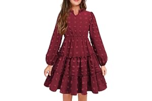 Arshiner Vestido Niña Festivo con Volantes Cuello en V Manga Larga Vestido de Gasa con Puntos Suizos Vestido de Fiesta Infantil Vestido de Princesa para Boda Vestido Skater 5-12 Años