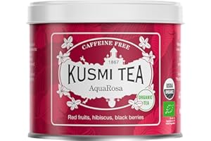Kusmi Tea - Infusion Bio AquaRosa - Mélange Aromatisé d'Hibiscus, Baies Noires, Fruits et Plantes - Infusion sans Théine, Fruitée et Gourmande, à Déguster Chaud ou en Thé Glacé - Boîte Thé Métal 100 g