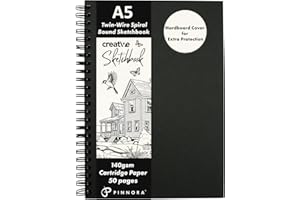 PINNORA Creative A5 Sketchbook (140GSM) - Black Hardcover Sketch Book with Thick Cartridge Paper | Twin-Wire Spiral Bound Sketch Pad, A5 Drawing Pad for Sketching - Art Book for All Ages (50 Pages)