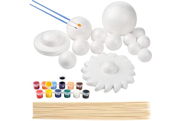 Pllieay Le kit de balles en mousse modèle système solaire comprend 14 balles en polystyrène de tailles mixtes, 12 bâtons de bambou, 12 pigments de couleur,2 pinceaux de peinture pour projets scolaires