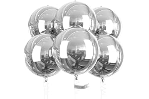 PartyWoo Metallic Silver Foil Balloons 6pcs 22 Inch Large Round Foil Big Giant 4D Jumbo Inflatable Mirror Ball Mylar Balloons for Graduation Birthday Engagement Space Themed Party Decorations