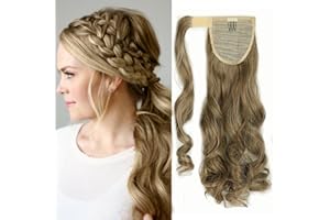 SEGO Postiche Queue de Cheval Blonde - Queue de Cheval Ondulé - Ponytail Extension Queue de Cheval Bouclé Attaché Par Ruban Adhésif - 43 CM Ash Marron Mèche Blond tres Clair
