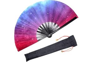 OMyTea Bambus großer Rave faltbarer Handfächer für Männer/Frauen - Chinesischer japanischer mit Stoffhülle elektronische Tanzmusik Festival Party, Aufführung, Dekorationen, Geschenk (Galaxy)