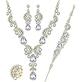 PHOGARY Women's Rhinestone Jewelry Sets with Rhinestone Bracelet, Crystal Rhinestone Necklace, Adjustable Ring, Dangle Earrings for Women Costume Jewelry Fashion Bridal Jewelry