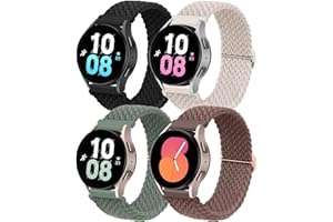 SOLOLUP 4 Pcs Bracelets Nylon Tressés pour Samsung Galaxy Watch 6/5/4 40mm 44mm/6 Classic 43mm 47mm/5 Pro 45mm/4 Classic 42mm 46mm，20mm Élastique Ajustable Sports Bracelet,Noir/Blanc/Olive verte/Pourpre foncé