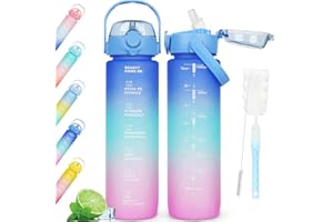 AOPREL 1L Water Bottles BPA Free Sports Drinking Bottle with Straw, Dishwasher Safe Leakproof Motivational Water Bottle with Time Markings, Non-Toxic Canteen Bottle with Handle (Dark Blue Gradient)