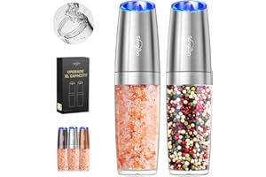 Sangcon Gravedad Juego de molinos eléctricos de sal y pimienta, Actualizar a 9oz Capacidad grande, alimentado por batería, operación con una sola mano, grosor ajustable, molino automático