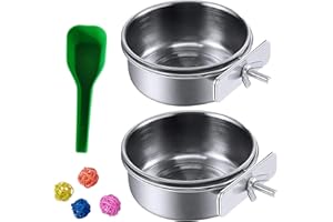 kathson Futterschale für Papageien, Edelstahl, Vogelfutter, Wassernapf, Sittiche, Vogelkäfig, Ballspielzeug mit Klemmhalter für Nymphensittiche, Aras, Wellensittiche, Kleintiere, Chinchillas, 7 Stück