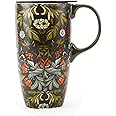 Topadorn Ceramic Coffee Mug Travel Cup Gift with Lid 17oz., Porcelain Tall Tea Cup with Handle for Home & Office, Green Floral Art Pattern Gift Mug, 6.5''H