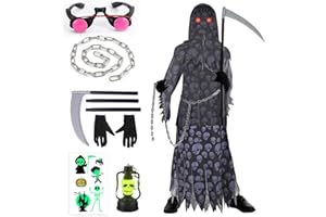 HVIERO Halloween Deguisement Faucheuse Enfant Garcon 5-14 ans Costume Faucheuse Enfant Fille avec Robe Faucheuse Cape Noire Faucille Gants Lunettes Déguisement Faucheur Enfant Grim Reaper Costume