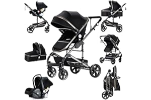 Prokoke Poussette 3 en 1, Poussette Bebe avec Conception Pliable en Un Clic, Poussette Combinée Réversible Deux Façons de Pousser, Poussette Citadine Alliage d'aluminium à Cadre (739 Black)