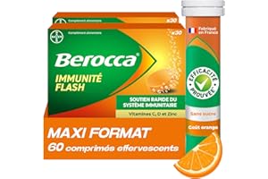 Berocca Immunité Flash - Soutient Système Immunitaire - Complément Alimentaire Immunité - Zinc, Vitamine D & C - Multivitamines et Minéraux - Goût Orange - Maxi Format 60 Comprimés Effervescents