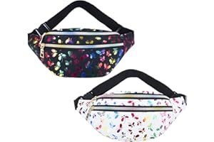 LUNYLOER Butterfly Waist Bag, 2 Pcs Fashion Waterproof Fanny Pack, 31×13 Bum Bag for Women Girls, Shiny Bumbag Fashion Pu Leather Waterproof with Adjustable Belt for Travel Party Sports Running Hiking