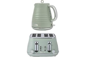 Salter Ripple Sage Toaster & Kettle Set – 4-Slice 1630W Toaster, 6 Browning Levels, Defrost/Reheat/Cancel, 1.7L Rapid Boil Kettle with Removable Limescale Filter, Auto Shut-Off, Textured Design