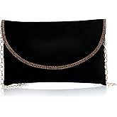 AVIRATH ENTERPRISE Velvet Envelope Clutch Purse with Rhinestone Trim, Black Evening Bag with Gold Chain Strap, 30x20 cm