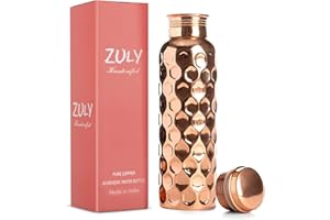 ZULY Bouteille d'eau 100 % cuivre pur fabriquée à la main | 1 litre extra large | Ayurvédique pour l'eau potable | Voyage à emporter | Yoga Ayurveda Santé | Récipient anti-fuite | Motif diamant