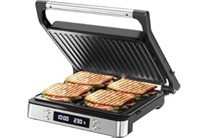 Olvy Sandwichmaker XXL, Digitaler Kontaktgrill mit Antihaftplatten, 3-in-1 Panini Maker, 180° offener Grill, einstellbare Temperatur, Timer, große Kochfläche, Cool-Touch-Griff, PFAS-freie Beschichtung