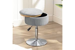 LUE BONA Taburete giratorio de 360° para sala de maquillaje, taburete ajustable en altura para tocador con almacenamiento, taburete pequeño de terciopelo gris para baño, sala de estar
