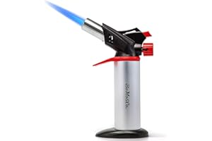 Blow Torch With Saftey Lock and Stand - Creme Brulee Torch - Butane Torch - Gas Torch - Kitchen Blow Torch - Blowtorch For Cooking - Butane Lighter Gas not Included BoMo&Co. (Silver)