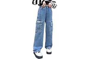 Happy Cherry Enfant Fille Pantalon Baggy Jeans Denim Pants Jambes Larges avec Poches Taille Élastique Mode Casual