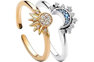 GAUEIOUR Anillo superpuesto con sol y luna celestial, sol y luna brillando juntos, anillo de mujer en capas, anillo abierto con diamantes, Plata