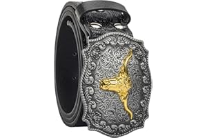 INOGIH Western-Cowboy - Cinturones para mujeres y hombres, vintage, con grabado floral, hebilla de cabeza de toro, cinturón de cintura de 25 a 38 pulgadas