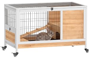 PawHut kaninhage av trä kaninstall med 2 våningar fällbart tak hjul två ingångar ramp utdragbar bricka marsvinsstall litet dj