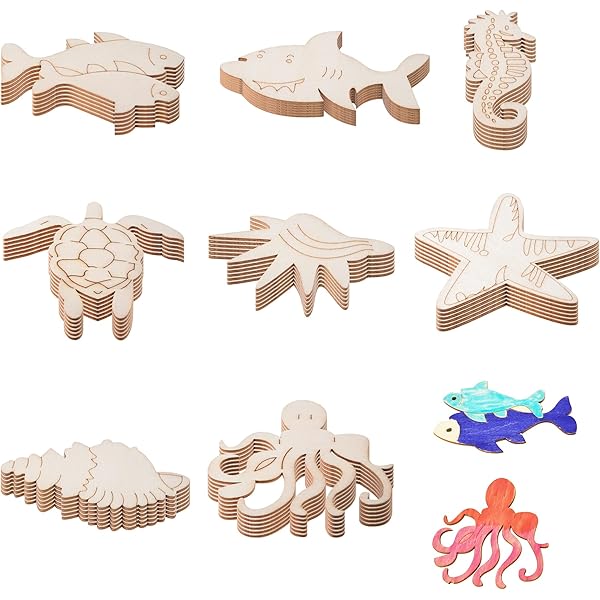 24Pcs Unfinished Wood Cutouts Ocean Animals Wooden Paint Crafts For DIY...