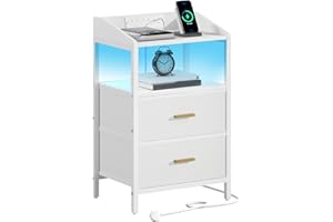 Hzuaneri Bedside Table with LED Lights and Charging Station, Bedside Cabinet with 2 Fabric Storage Drawers, Nightstand with USB Ports & TypeC for Bedroom, Livingroom, White NS36113W