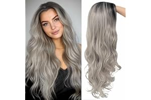 LXWINNER Karneval Perücke Grau,Silber Grau Lang Lockig,Halloween Perücke Grau Gothic Perücke,Lange Graue Ombré Perücke,Perücke Damen Perücke Grau mit Haarnetz,für Halloween Karneval Cosplay Kostüm Party