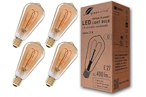 greenandco 4x Ampoule à Filament LED Vintage | ambre | E27 ST64 | 5W 400lm | 2000K blanc extra chaud | 360° | 230V | sans scintillement | non-dimmable