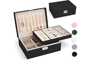 Yarmiene Schmuckkästchen für Damen,2-schichtige Schmuckschatulle,PU-Leder Schmuckaufbewahrung Schmuckkoffer,Schmuckbox für Ringe, Ohrringe, Armbänder, Ketten für Frauen,Ehefrau,Schwarz