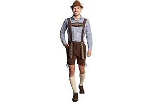 Partychimp Oktoberfest Homme's Lederhosen et chemisier (Courte Marron Foncé Polyester Lederhosen avec bretelles + Oktoberfest Chemise Bleu or Rouge) - Taille S à 2XL