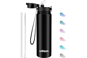 GOPPUS 1L/32oz Stainless Water Bottle with Straw Double Wall Insulated Bottles with Strap Reusable Vacuum Thermal Flask Leakproof Keep Cold Drinks Bottles with Flip Top Lid for Gym Men Women BPA Free