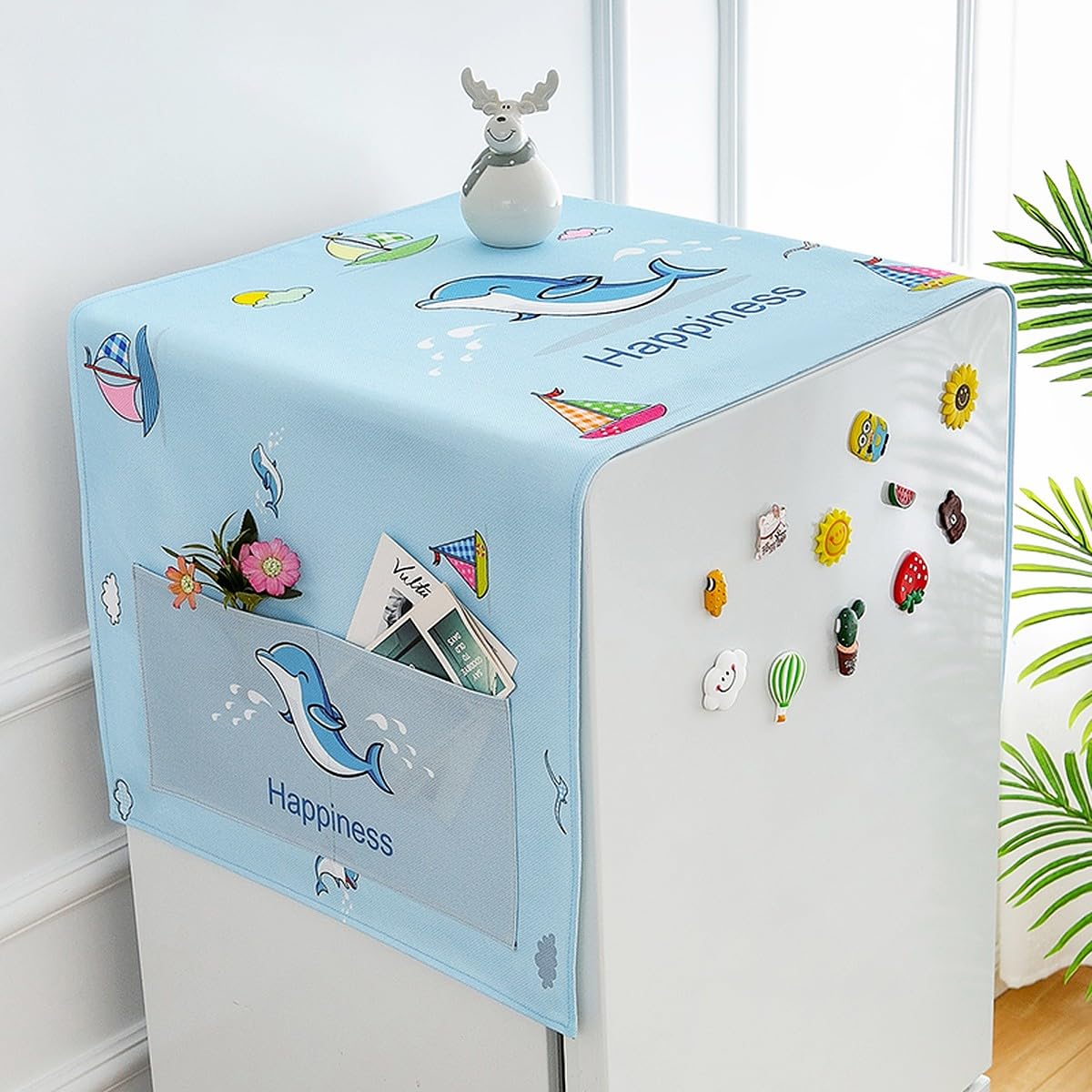 Wolpin 1Pc Fridge Cover: Waterproof Top Single Door Dust Cover with Utility Pockets â€“ Happy Dolphins