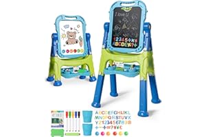 Lehoo Castle Lavagna per Bambini, 4 in 1 Lavagna Magnetica per Bambini, 360° Cavalletto Pitturai Regolabile Altezza, Giocattolo Educativo 3+ Anni(Blu)