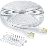 BAHIWOM Cat8 Ethernet Cable 25M,Flat 40Gbps/2000MHz RJ45 LAN, White | Double Shielded High Speed Internet Network Cable, Comp
