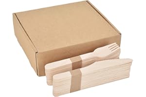 Linkbro Holzbesteck 200 Stücke Einwegbesteck Set, Umweltfreundliches und Kompostierbares Partygeschirr für Party Geburtstag Camping und Picknick - 100 Holzgabeln, 100 Holzmesser，ca. 16 cm lang