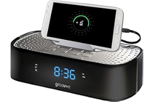 GROOV E groov-e Time Curve - Digital Alarm Clock with Built-In FM Radio & USB Charging Station - Backlit LED Display, 3.5mm Aux-In - Mains Powered - 20 Preset Stations