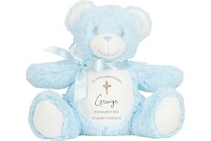 Personalised Christening Blue Teddy Bear Soft Toy - Name Date Church - Baptism Gift