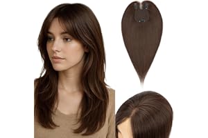 S-noilite Topper Capelli per Donne, 40g Capelli Umani Frangetta Laterale, Senza Frangia Fermaglio per Capello per Diradati, Capello Toppers con Base Intrecciata a Mano, 35CM Marrone Scuro #2R
