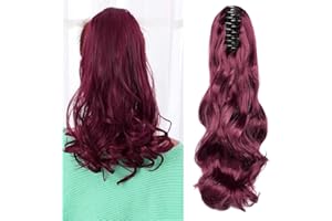 CYBELLEZA Queue de Cheval Extension Cheveux Queue de Cheval Naturel Ondulés Bouclés Postiche Synthétiques Longue Claw on Ponytail Griffe Raides Rajout Vrai (Vin Rouge)