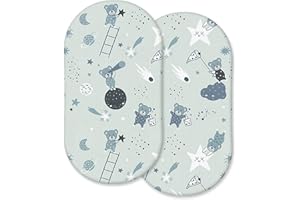 HAJRAN LINEN 100% Cotton 2 Pcs Moses Basket Fitted Sheets - Breathable, Soft & Antiallergic (Grey Teddy & Moon, 75 x 30 cm)