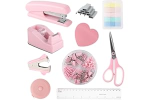 DaizySight Kit de suministros y accesorios de oficina rosa, juego de grapadora y dispensador de cinta para niñas con grapadora, dispensador de cinta, removedor de grapadoras, regla, suministros