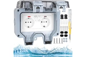 WOCVRYY IP66 Prise Extérieure Étanche 16A 250V Double Prise Extérieure Coupe-vent et Anti-pluie avec Interrupteur et Voyant Séparés et Conception De Verrouillage Résistant aux UV et à la Corrosion