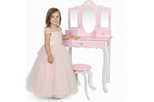 Green series Kinderplay, tavolo da toeletta grande in legno con specchio, tavolo da trucco rosa per bambini