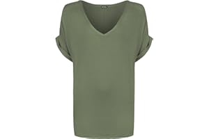 WearAll Women's New Plus Size Womens Short Turn Up Sleeve Baggy Plain Top Ladies V-Neck T-Shirt 8-22
